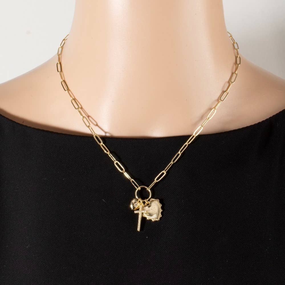 Anarchy Street - Multi-Charm Heart & Cross Paperclip Chain Necklace