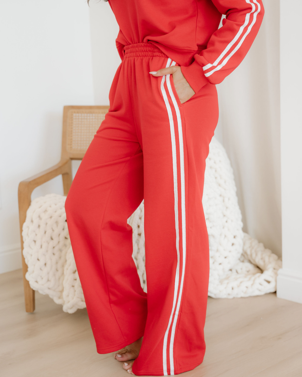 Varsity Pullover Wide Leg Pants 2pcs Outfit - Red