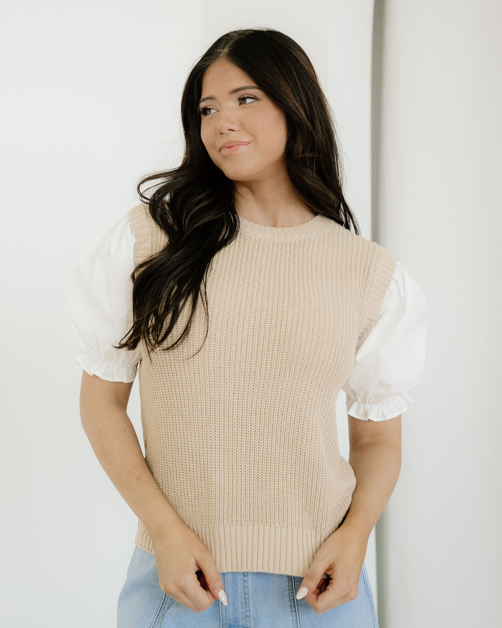 Seraphina Round Neck Knit Contrast Short Sleeve Patchwork Sweater Top