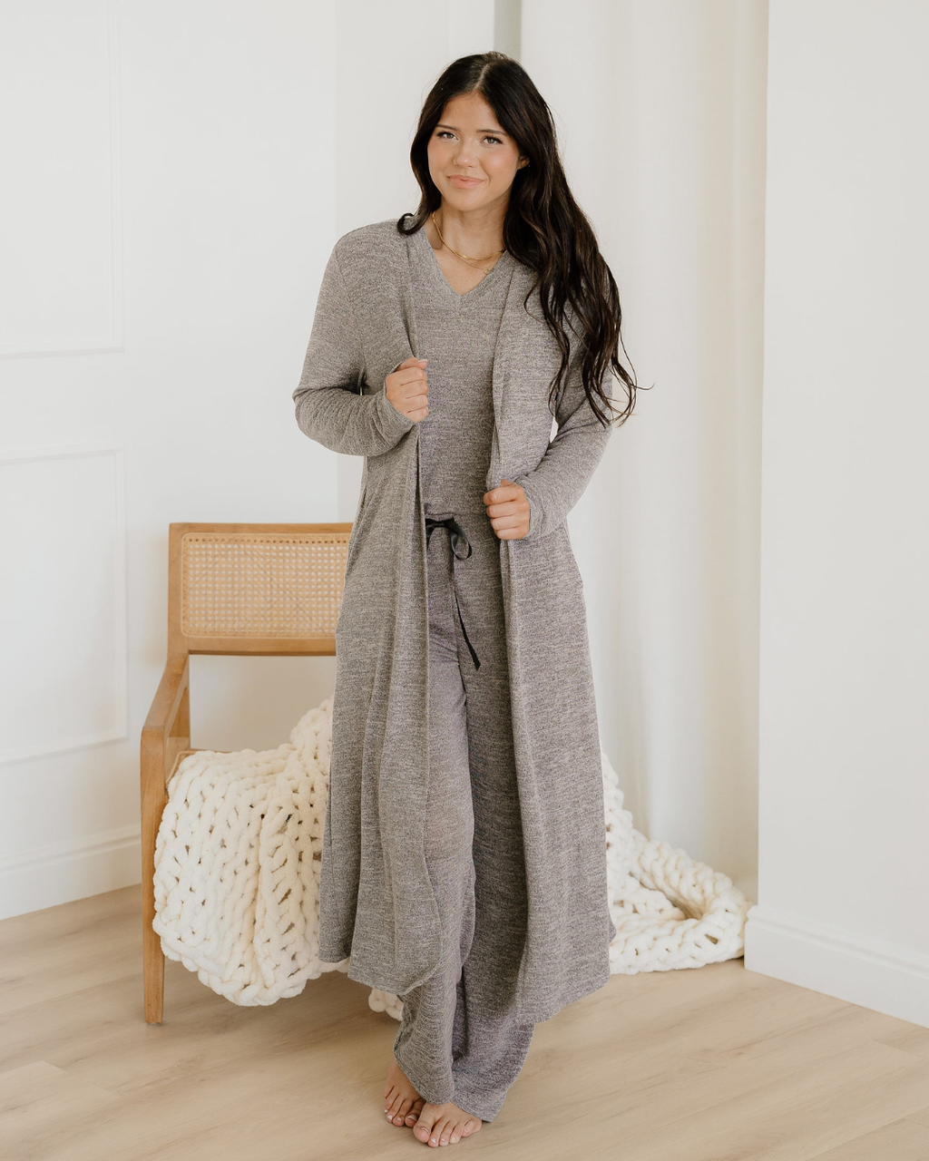 Maggie 3pcs V Neck T Shirt Ribbon Knot Pants Open Duster 3pcs Lounge Set - Gray