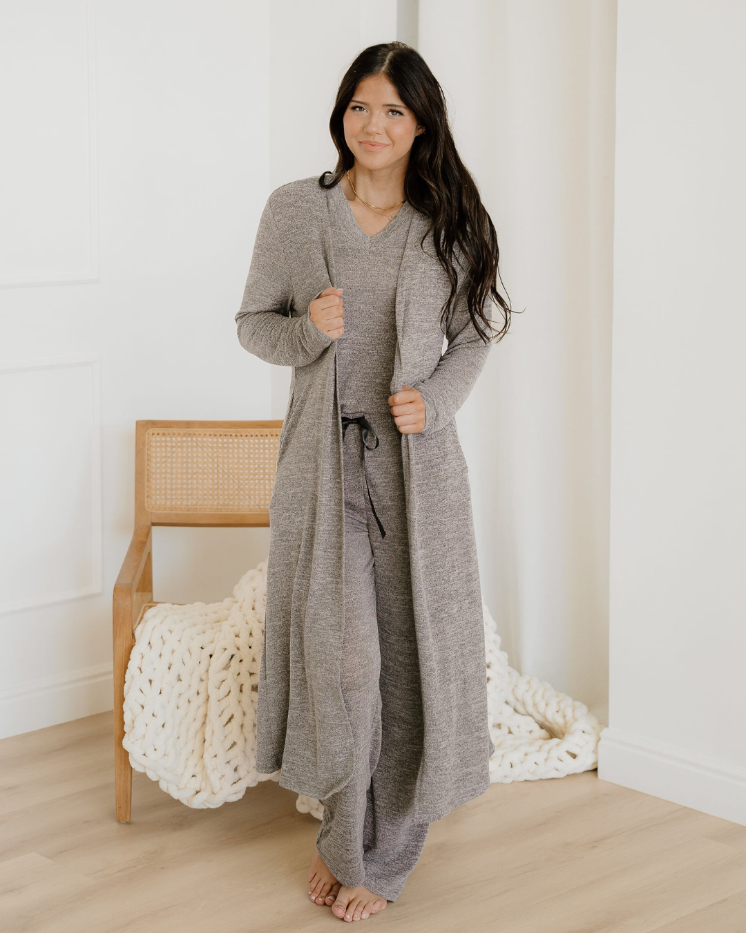Maggie 3pcs V Neck T Shirt Ribbon Knot Pants Open Duster 3pcs Lounge Set - Gray