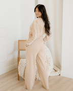 Varsity Pullover Wide Leg Pants 2pcs Outfit - Oatmeal