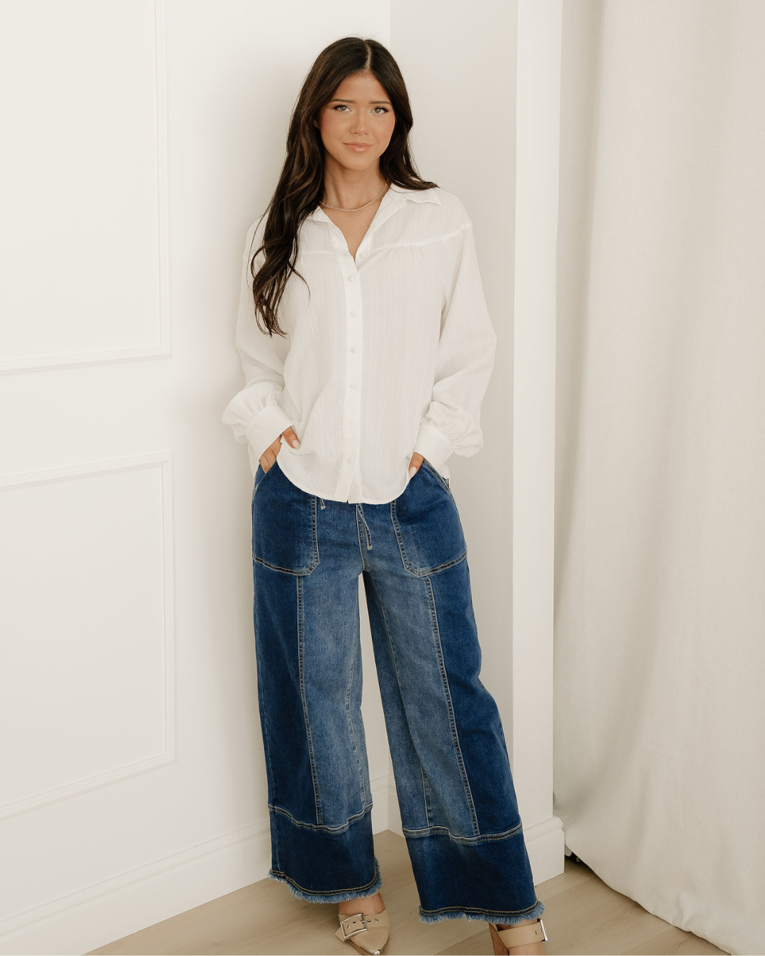 Mabel Crinkled Texture Lantern Sleeve Button Down Loose Shirt
