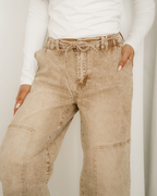 Shiloh Acid Wash Barrel Fit Denim Pants with Waist String - Sand