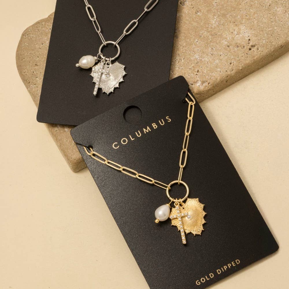 Anarchy Street - Gold Dipped Cz Pave Cross Pearl And Heart Charms Chain