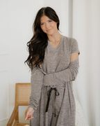 Maggie 3pcs V Neck T Shirt Ribbon Knot Pants Open Duster 3pcs Lounge Set - Gray
