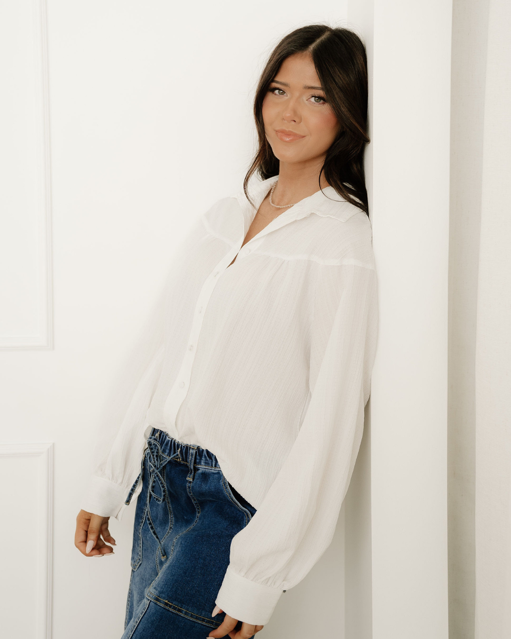 Mabel Crinkled Texture Lantern Sleeve Button Down Loose Shirt