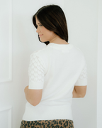 Magnolia Textured Knit Ribbed High Neck Short Sleeve Sweater - White