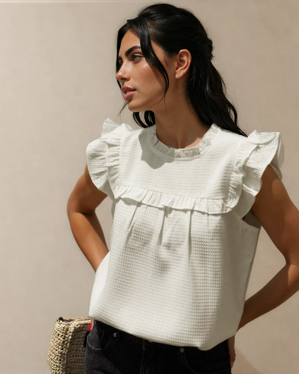 Clover Ruffle Trim Waffle Textured Blouse