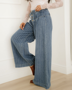 Cora Stripe Button Pleated Drawstring Waist Casual Wide Leg Jeans