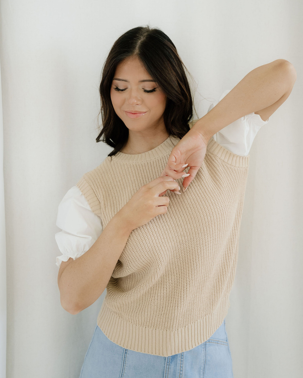 Seraphina Round Neck Knit Contrast Short Sleeve Patchwork Sweater Top