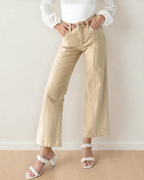 Elsie Solid Color Seamed Center Wide Leg Cropped Jeans - Apricot