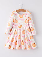 Fall Halloween & Thanksgiving Pumpkin Bow Print Long Sleeve Dress