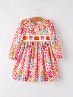 Fall Halloween & Thanksgiving Pumpkin Bow Smock Embroidered Floral Dress