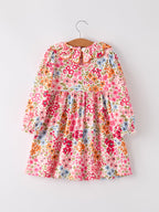 Fall Halloween & Thanksgiving Pumpkin Bow Smock Embroidered Floral Dress