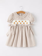 Fall Thanksgiving Pumpkin Embroidery Smock Plaid Girls Dress