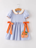 Fall Thanksgiving and Halloween Lapel Stripe Pumpkin Applique Bow Girls Dress