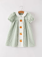 Fall Halloween & Thanksgiving Pumpkin Applique Plaid Green Girls Dress