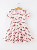 Girls Western Horse Print Twirl Dress Short Sleeve