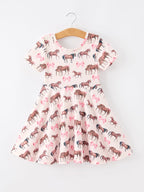 Girls Western Horse Print Twirl Dress Short Sleeve