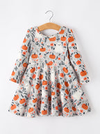 Halloween Pumpkin Ghost Girls Dress Long Sleeve Twirl Dress