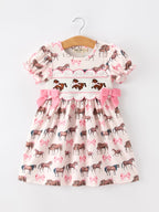 Western Horse Smocked Girls Dress Bow Ruffle Short Sleeve