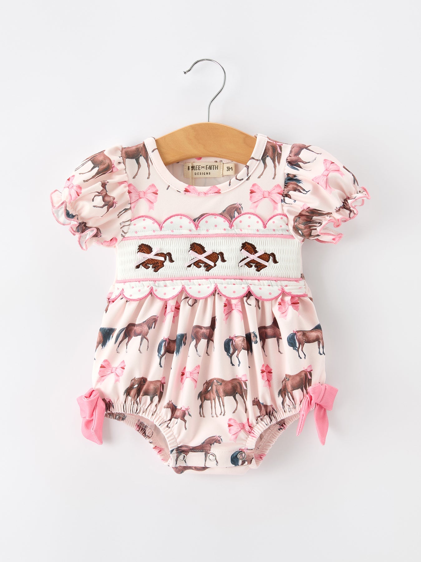 Western Horse Smocked Girls Romper Bow Ruffle Short Sleeve