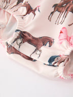 Western Horse Smocked Girls Romper Bow Ruffle Short Sleeve