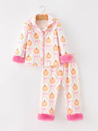 Halloween Thanksgiving Pumpkin Bow Fur Pajama Set
