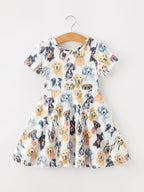 Dog Print Girls Short Sleeve Twirl Dress