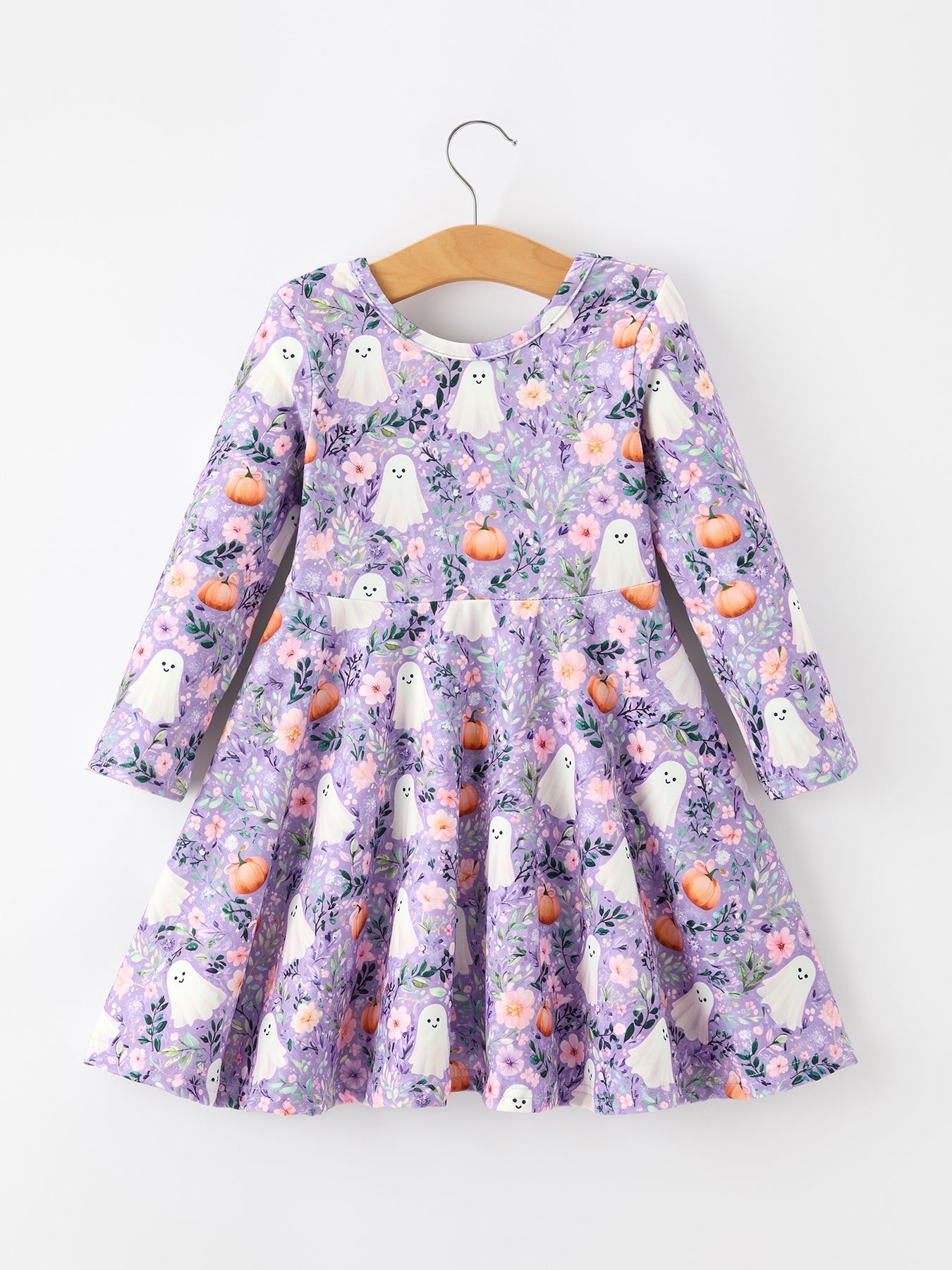 Halloween Ghost Pumpkin Girls Long Sleeve Twirl Dress