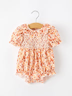 Fall Rust Floral Baby Romper Smocked Petal Collar