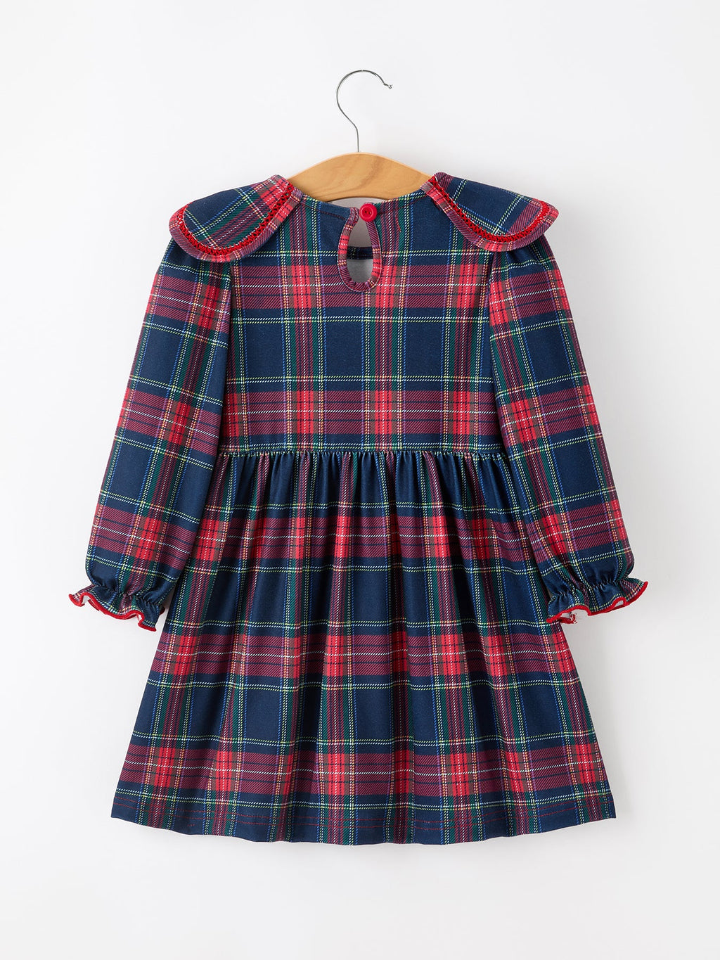 Fall Plaid Girl Dress Petal Collar Puff Sleeve Long Sleeve