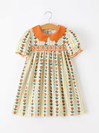 Fall Floral Stripe Girls Dress Petals Collar Smocked Puff Sleeve