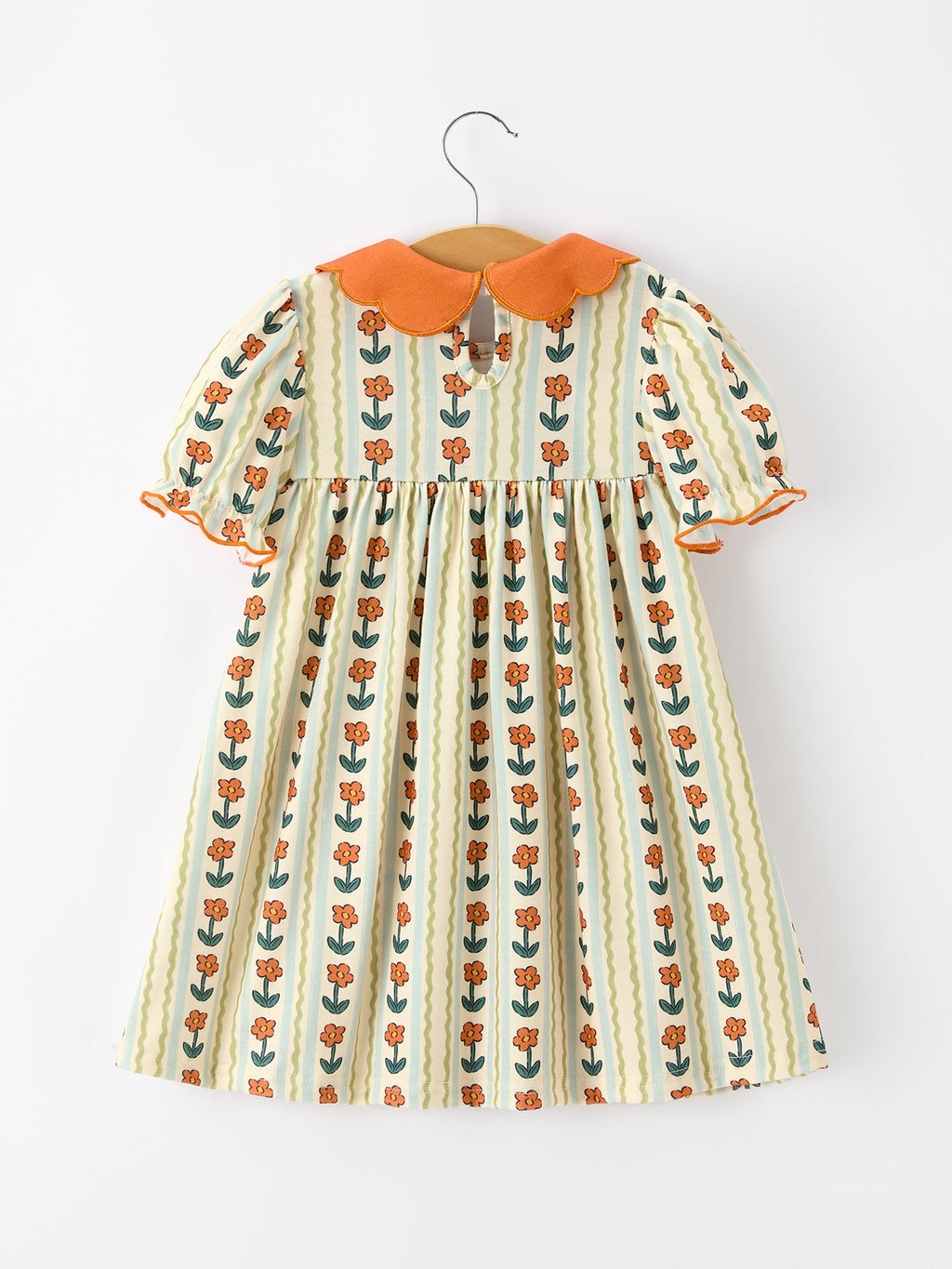 Fall Floral Stripe Girls Dress Petals Collar Smocked Puff Sleeve