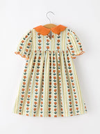 Fall Floral Stripe Girls Dress Petals Collar Smocked Puff Sleeve