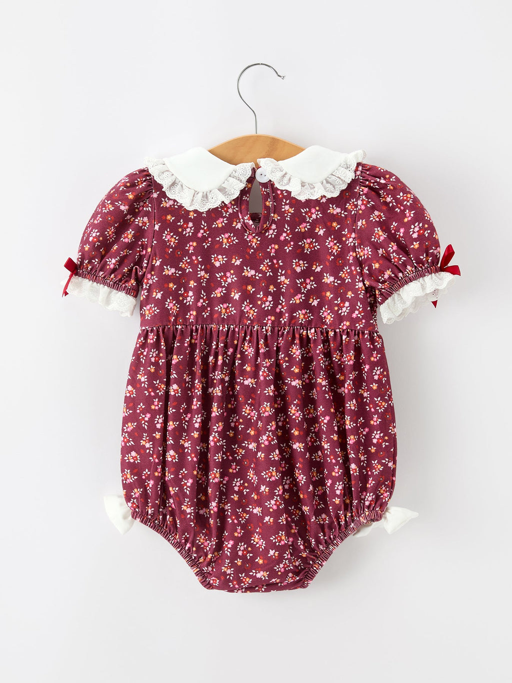 Burgundy Floral Smocked Baby Girl Bubble Romper Peter Pan Collar