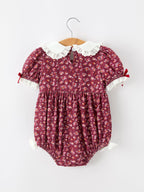 Burgundy Floral Smocked Baby Girl Bubble Romper Peter Pan Collar