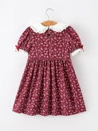 Burgundy Floral Smocked Girls Dress Peter Pan Collar Lace Trim
