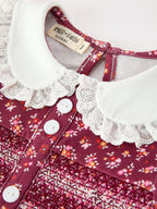 Burgundy Floral Smocked Girls Dress Peter Pan Collar Lace Trim