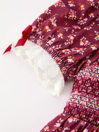 Burgundy Floral Smocked Girls Dress Peter Pan Collar Lace Trim