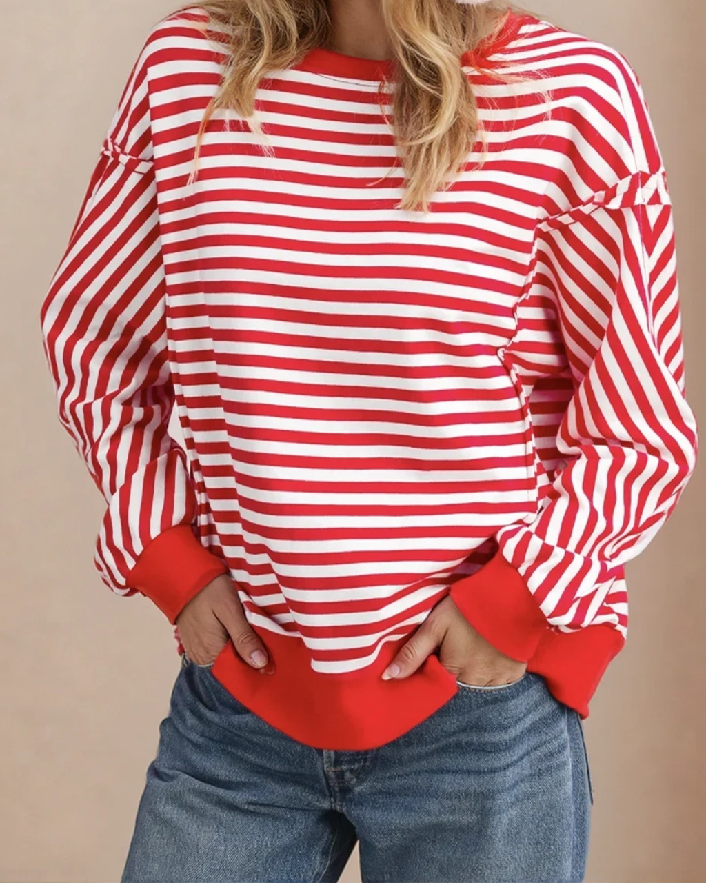 Annie Exposed Seam Drop Shoulder Long Sleeve Top - Red