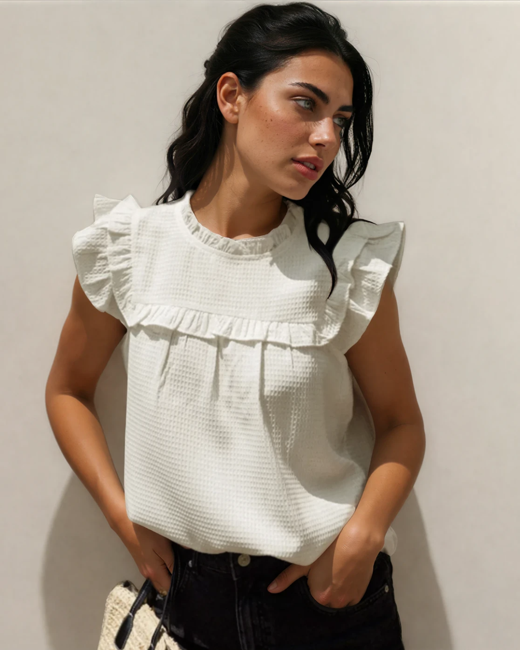 Clover Ruffle Trim Waffle Textured Blouse