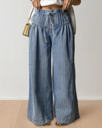Cora Stripe Button Pleated Drawstring Waist Casual Wide Leg Jeans