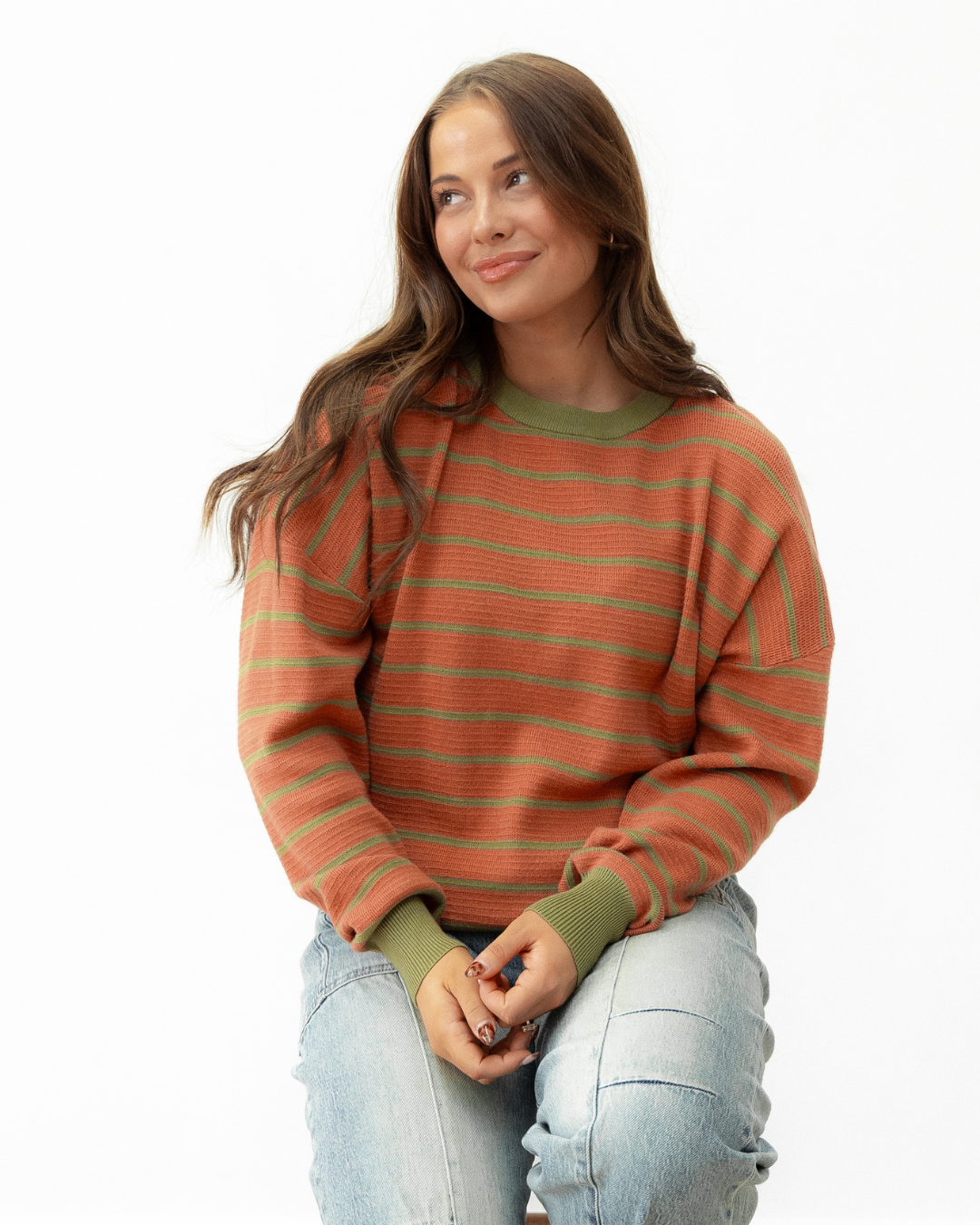 Zya Stripe Round Neck Drop Shoulder Loose Sweater - Brown