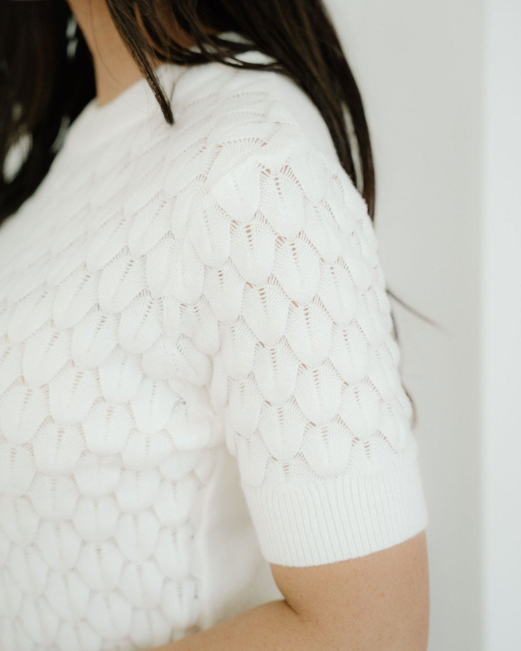 Magnolia Textured Knit Ribbed High Neck Short Sleeve Sweater - White
