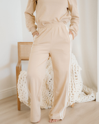 Varsity Pullover Wide Leg Pants 2pcs Outfit - Oatmeal