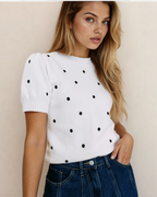 River Polka Dot Bubble Short Sleeve Sweater - White