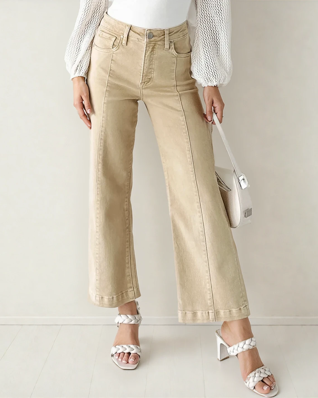 Elsie Solid Color Seamed Center Wide Leg Cropped Jeans - Apricot