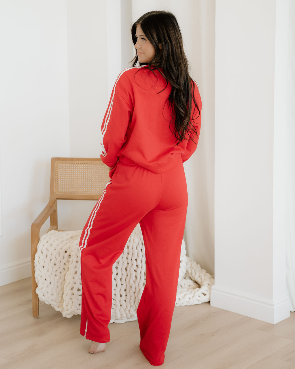 Varsity Pullover Wide Leg Pants 2pcs Outfit - Red